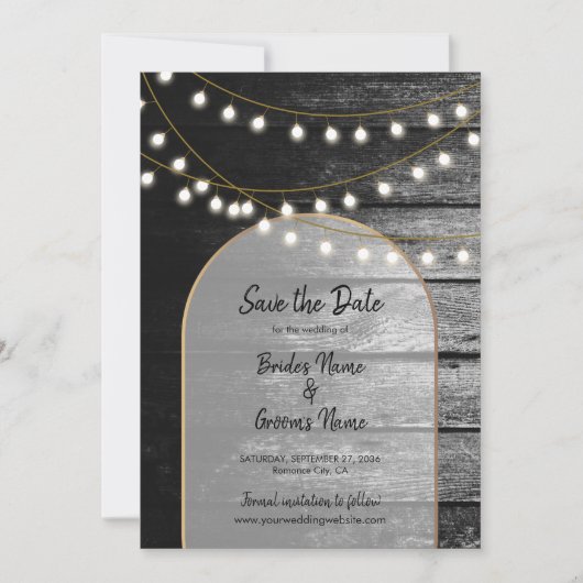 Save The Date Moderne Rustique Noir Bois Lumière Arc Mariage (Devant)