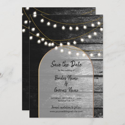 Save The Date Moderne Rustique Noir Bois Lumière Arc Mariage (Devant / Derrière)