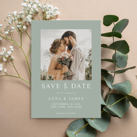 Save The Date Moderne Sage Vert Simple Photo Mariage