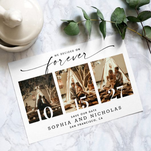 Save The Date Moderne Script | Collage de 3 photos en noir et bl
