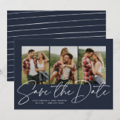 Save The Date Moderne script trois photo bleu marine élégant (Devant / Derrière)