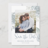 Save The Date Moderne Simple Chic Dusty Blue Floral Photo QR Cod (Devant)