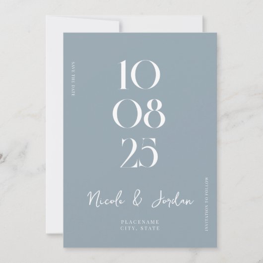 Save The Date Moderne, simple et chic, Mariage bleu Dusty (Devant)