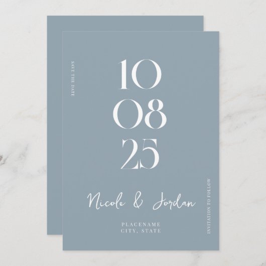 Save The Date Moderne, simple et chic, Mariage bleu Dusty (Devant / Derrière)