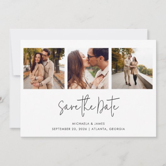 Save The Date Moderne Simple Noir Blanc Script 3 Mariage photo (Devant)