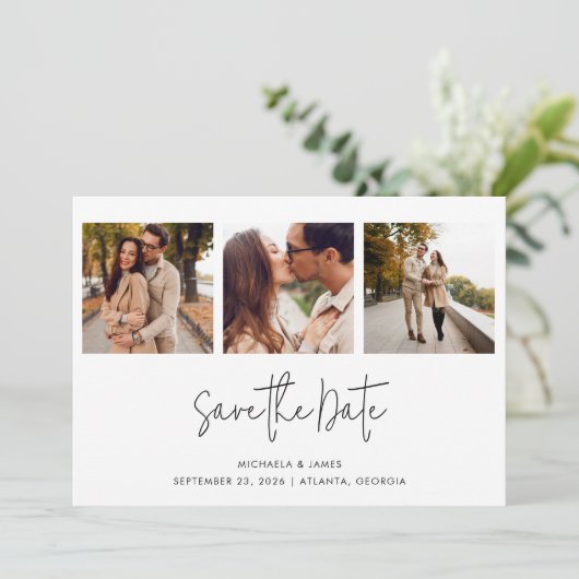 Save The Date Moderne Simple Noir Blanc Script 3 Mariage photo (Debout devant)