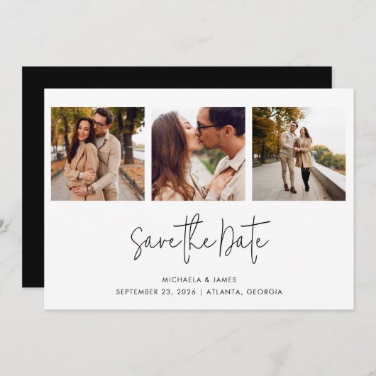 Save The Date Moderne Simple Noir Blanc Script 3 Mariage photo (Devant / Derrière)