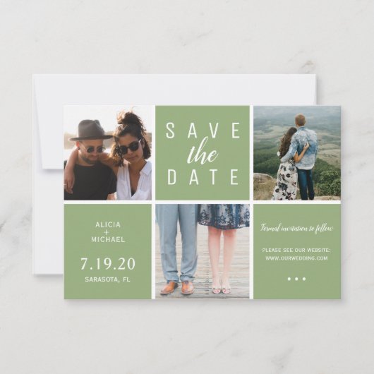Save The Date Moderne vert simple 3 photo collage mariage (Devant)