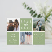 Save The Date Moderne vert simple 3 photo collage mariage (Debout devant)