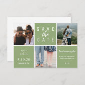 Save The Date Moderne vert simple 3 photo collage mariage (Devant / Derrière)