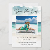 Save The Date Modernes Océan Plage Deux Photos Aquarelle  (Devant)