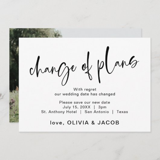 Save The Date Modification Des Plans | Noir moderne et blanc (Devant / Derrière)