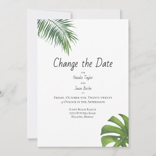 Save The Date Modifier la date Aquarelle Tropical Leaf (Devant)