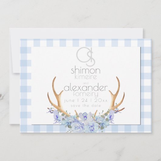 Save the date | Monogram Blue Gingham Floral BOHO (Voorkant)