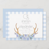 Save the date | Monogram Blue Gingham Floral BOHO (Voorkant / Achterkant)