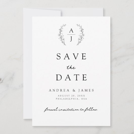 Save The Date Monogram Floral Crest Black & White Mariage (Devant)