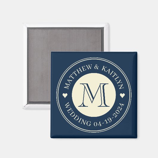 Save the Date Monogram Heart Deep Zee Blauw Magneet (Voorkant / Achterkant)