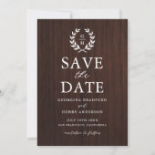 Save The Date Monogram Laurel Wreath Bois rustique Enregistrer l (Devant)
