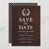 Save The Date Monogram Laurel Wreath Bois rustique Enregistrer l (Devant / Derrière)