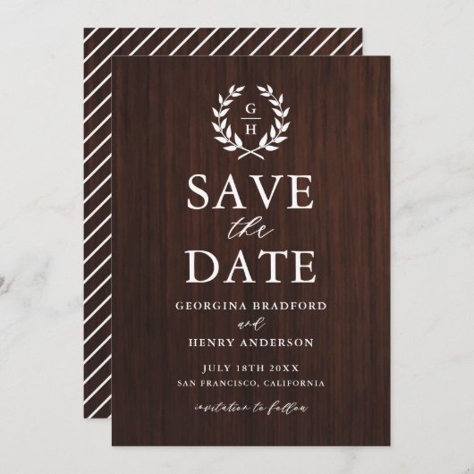 Save The Date Monogram Laurel Wreath Bois rustique Enregistrer l (Devant / Derrière)