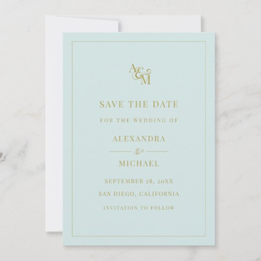 Save The Date Monogram Mint Turquoise Simple Mariage moderne (Devant)