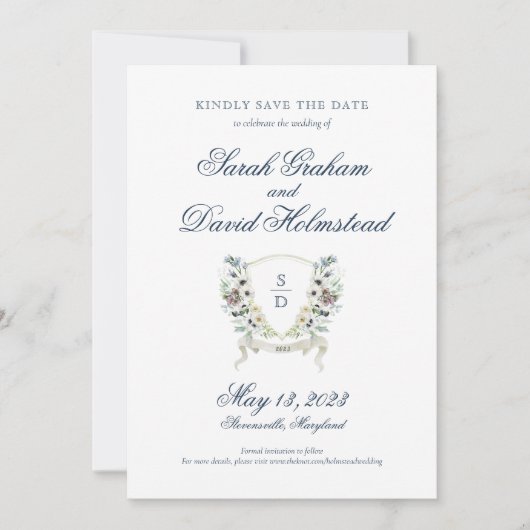 Save The Date Monogramme Aquarelle Florale Crest Enregistrer la (Devant)