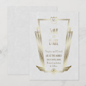 Save The Date Monogramme Art Déco Blanc Or Royal Enregistrer La (Devant / Derrière)