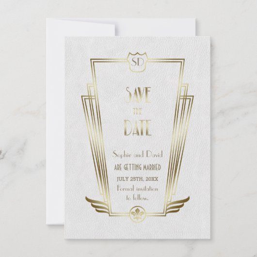 Save The Date Monogramme Art Déco Blanc Or Royal Enregistrer La (Devant)