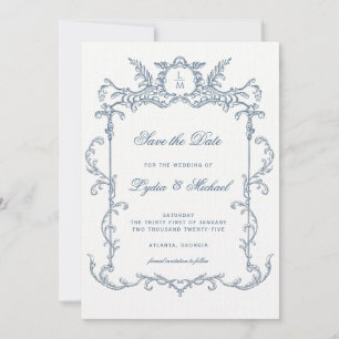 Save The Date Monogramme Baroque Orné Bleu Français Enregistrer