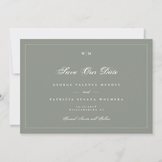 Save The Date Monogramme blanc Sage Green Grey Photo Mariage (Devant)