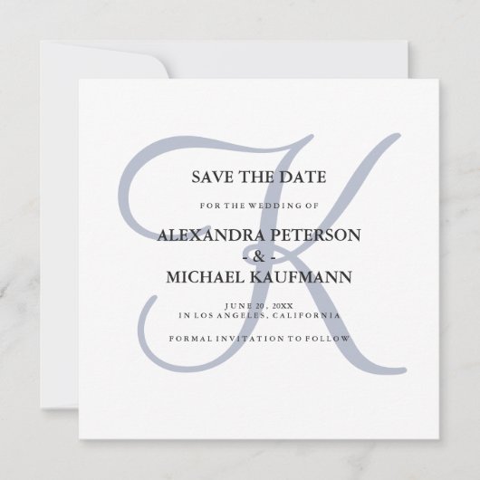 Save The Date Monogramme bleu Dusty classique (Devant)