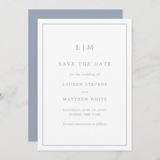 Save The Date Monogramme bleu foncé simple Mariage élégant (Devant / Derrière)