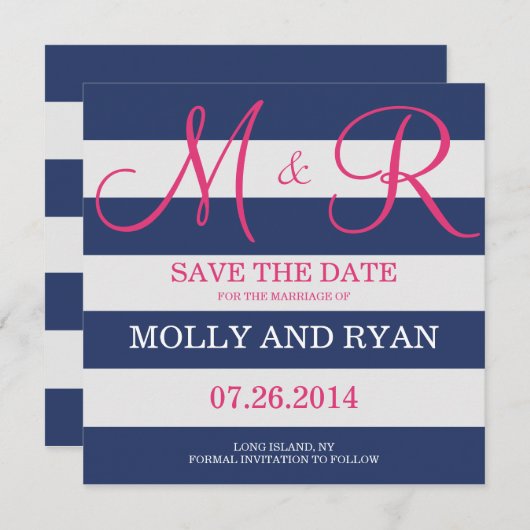 Save The Date Monogramme bleu marine et rose Enregistrer la date (Devant / Derrière)