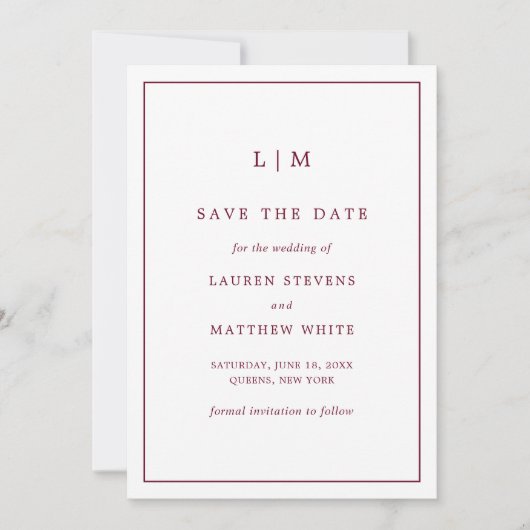 Save The Date Monogramme bordeaux simple Mariage élégant (Devant)
