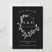 Save The Date Monogramme classique Crest blanc sur Mariage noir (Devant)