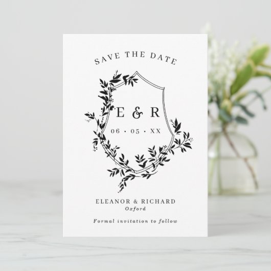 Save The Date Monogramme classique Crest Mariage noir et blanc (Debout devant)
