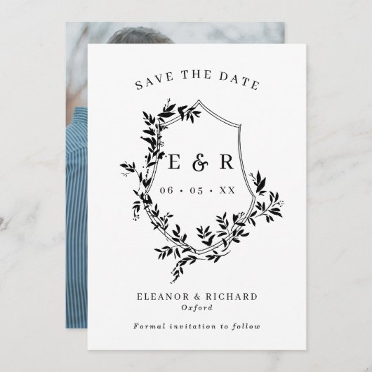 Save The Date Monogramme classique Crest Mariage noir et blanc (Devant / Derrière)