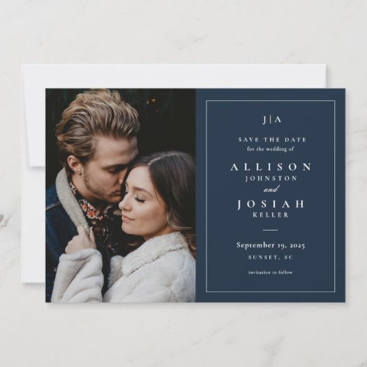 Save The Date Monogramme classique Mariage bleu marine photo (Devant)