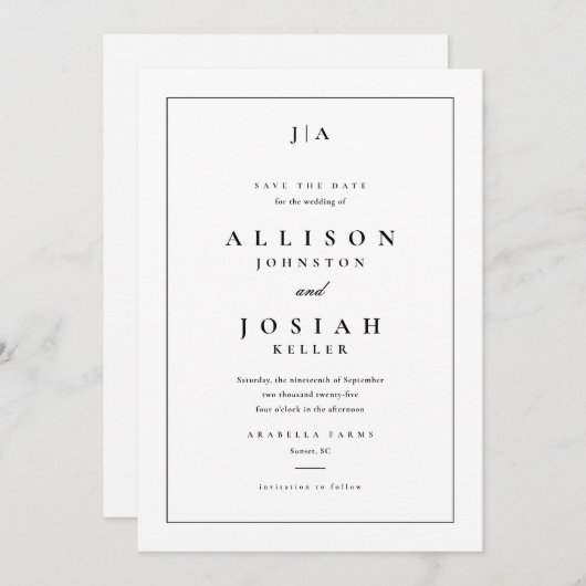 Save The Date Monogramme classique Mariage noir et blanc (Devant / Derrière)