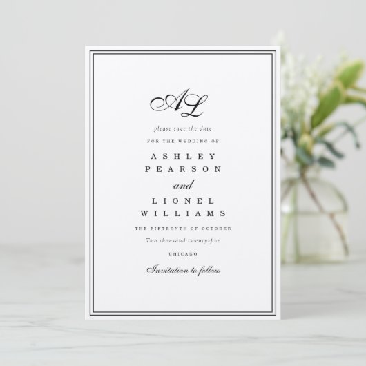 Save The Date Monogramme classique Noir et blanc Mariage traditi (Debout devant)
