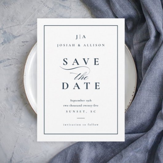 Save The Date Monogramme classique non photo Mariage bleu marine