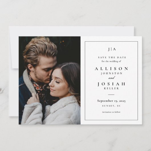 Save The Date Monogramme classique Photo Mariage noir et blanc (Devant)