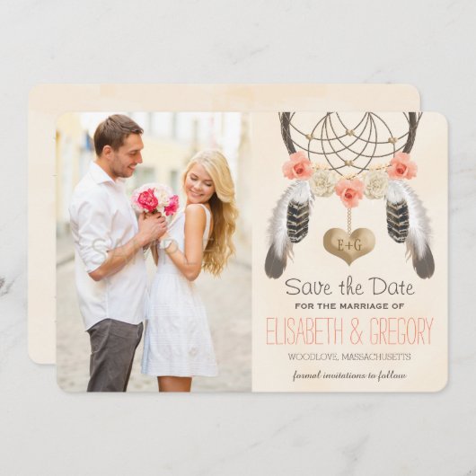SAVE THE DATE MONOGRAMME CORAL MINT DREAMCATCHER ENREGISTRER LA  (Devant / Derrière)