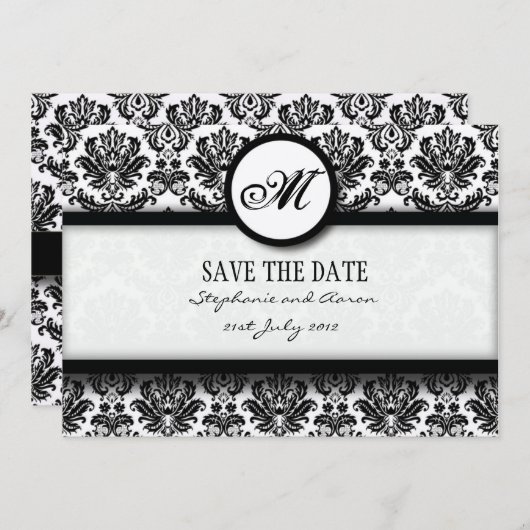 Save The Date Monogramme Damas noir et blanc Enregistrer la cart (Devant / Derrière)