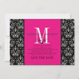 Save The Date Monogramme damassé rose vif pour la date de sauveg