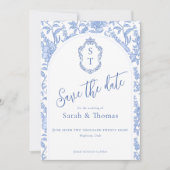 Save The Date Monogramme de blason Delft Bleu Floral Script (Devant)