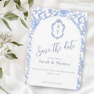Save The Date Monogramme de blason Delft Bleu Floral Script