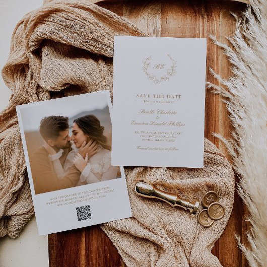 Save The Date Monogramme de couronne d'or Code QR Mariage élégan