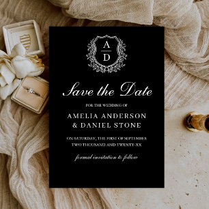 Save The Date Monogramme de crête feuillue Mariage noir blanc