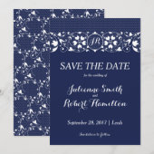 Save The Date Monogramme de dentelle bleu et blanc de la Marine  (Devant / Derrière)